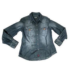 Panhandle Shirt‎ Denim Crinkled Slim Retro Western Wear Snap Men's sz L Gray